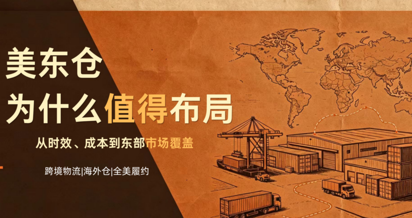 Vintage sketch drawing of US east overseas warehouse, port crane, cargo truck and world map for cross-border logistics blog