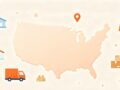 Cute illustration of USA map with warehouse, delivery truck and parcels, showing US local fulfillment for cross-border sellers 