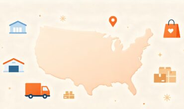 Cute illustration of USA map with warehouse, delivery truck and parcels, showing US local fulfillment for cross-border sellers 