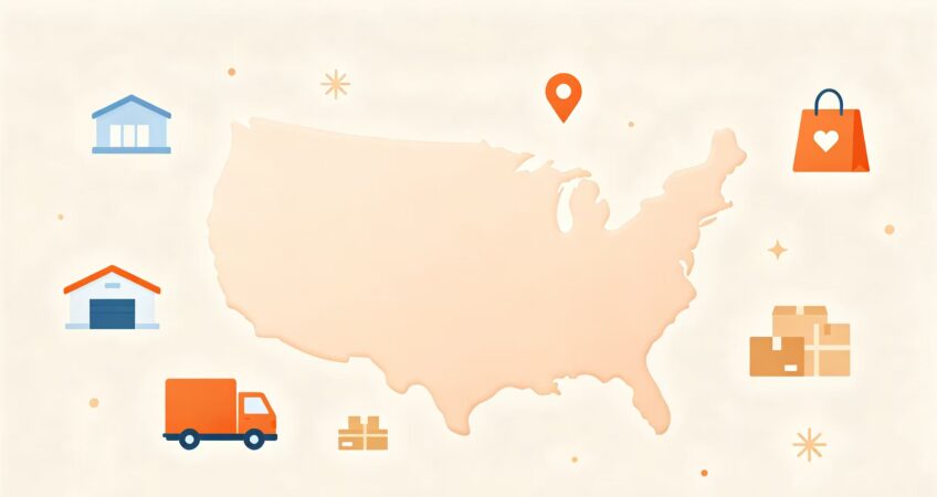 Cute illustration of USA map with warehouse, delivery truck and parcels, showing US local fulfillment for cross-border sellers 