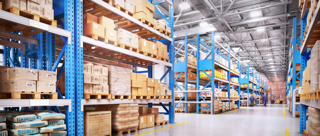 Inside view of US overseas warehouse with blue storage racks and stacked cartons