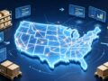 3D tech illustration of USA map with warehouse shelves, parcels and data dashboard, US supply chain for cross-border sellers