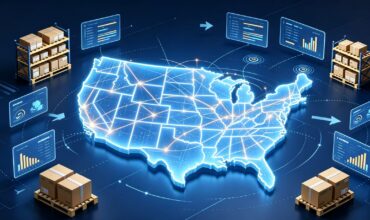 3D tech illustration of USA map with warehouse shelves, parcels and data dashboard, US supply chain for cross-border sellers