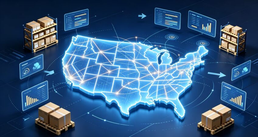 3D tech illustration of USA map with warehouse shelves, parcels and data dashboard, US supply chain for cross-border sellers