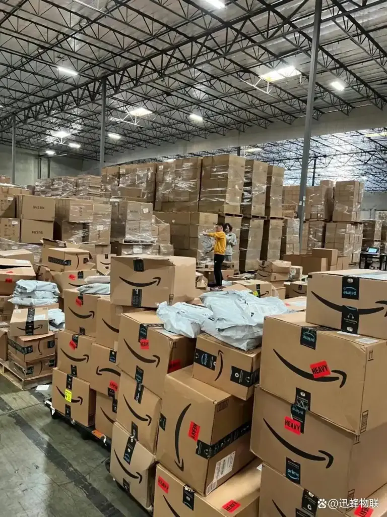 Huge US overseas warehouse storage area with massive amount of Amazon cartons