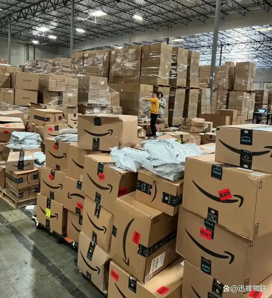Huge US overseas warehouse storage area with massive amount of Amazon cartons