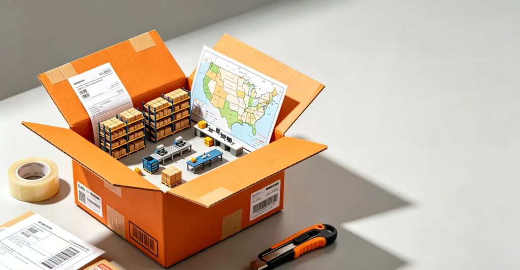 Miniature warehouse model with shelves and sorting line inside an opened orange shipping box, with US map, creative illustration for US dropshipping