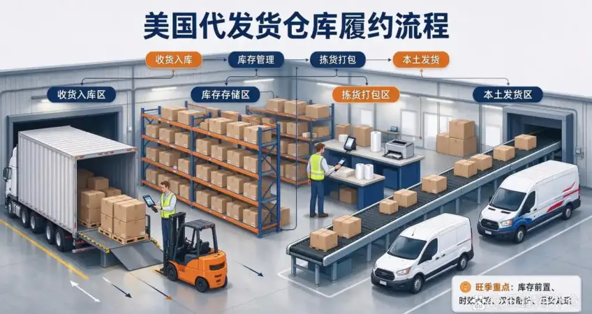 US overseas warehouse fulfillment workflow: receiving, inventory storage, picking packing and local shipping