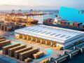 Aerial view of US west self-operated warehouse near seaport, container ship and cross-border logistics route