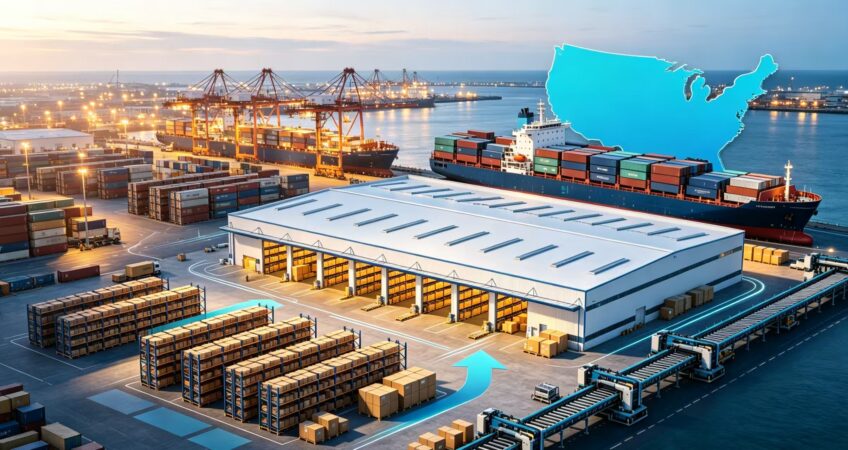 Aerial view of US west self-operated warehouse near seaport, container ship and cross-border logistics route