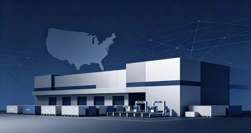 Modern US west coast overseas warehouse, smart warehousing and logistics network diagram