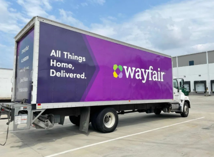 Wayfair branded delivery truck for home goods fulfillment in the US