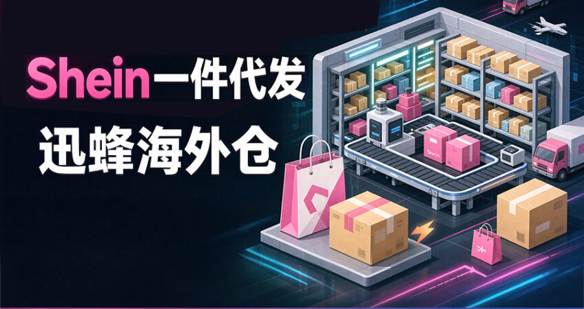 Tech illustration of smart US fulfillment warehouse, Xunfeng overseas warehouse SHEIN dropshipping service for cross-border merchants