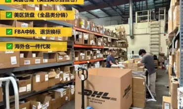 Real shot inside Xunfeng US self-operated overseas warehouse, staff sorting cartons on storage shelves