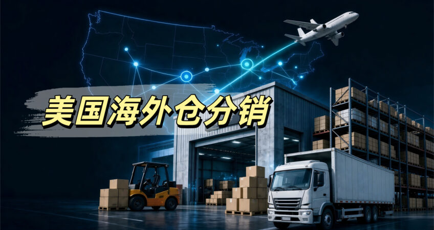 US overseas warehouse distribution, warehouse building, forklift, delivery truck, USA map network and cargo plane